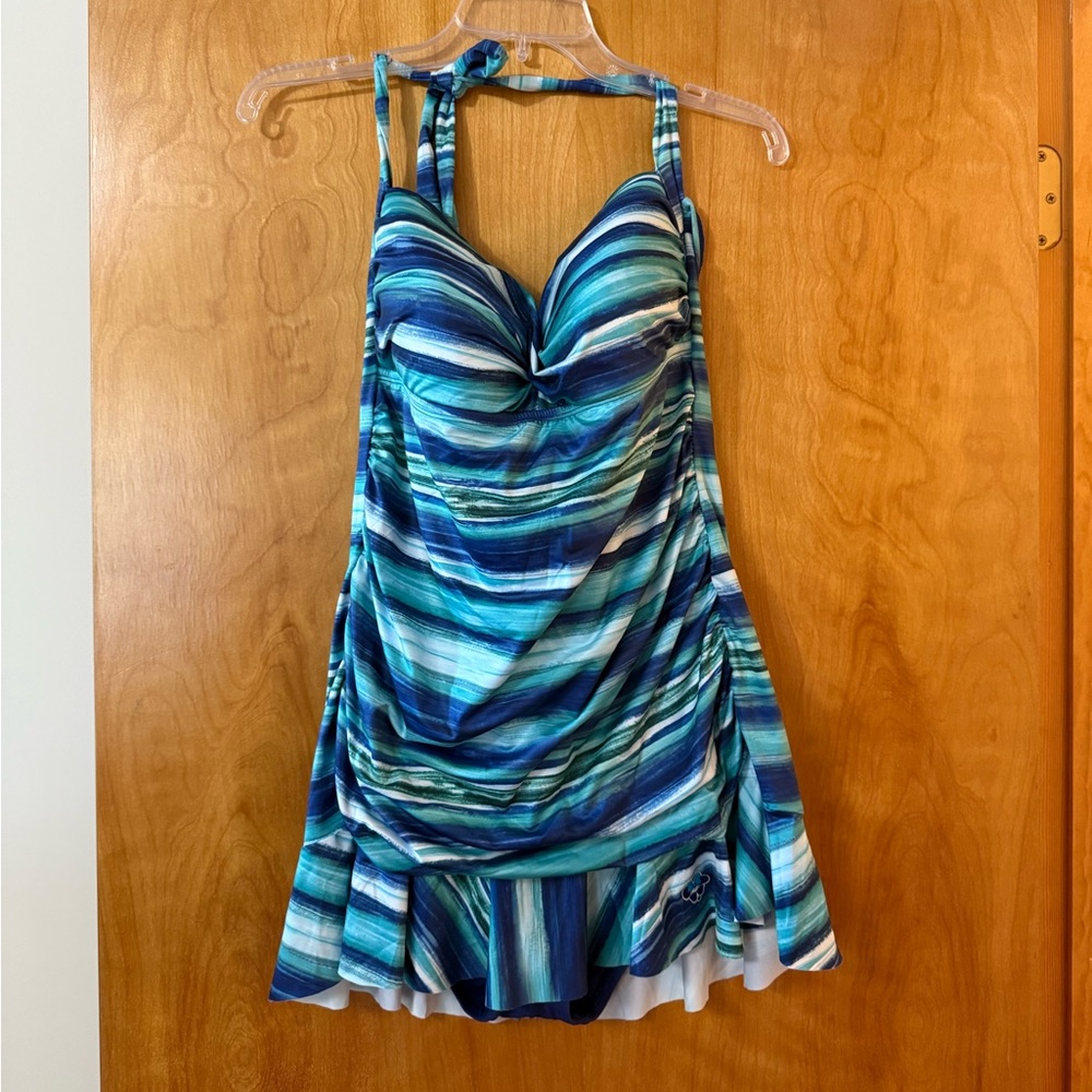 Disney Parks Women's One Piece Swimsuit Minnie Mouse Logo Blue Stripes NWT XXL